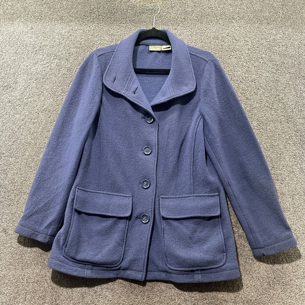 LL Bean Womens Blue Boiled Wool Blend Button Front Barn Jacket Field Coat Medium